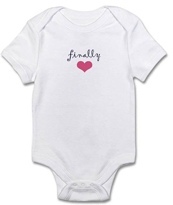 Baby onesie that says "finally."