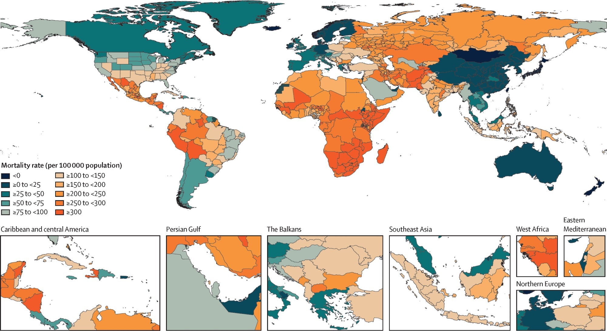 Global distribution of age-standardized excess mortality rates due to the COVID-19 pandemic, 2020 and 2021 combined. Mortality rates are expressed as the number of deaths per 100,000 population. Excess mortality rates are negative in countries and territories where fewer deaths occurred than predicted.