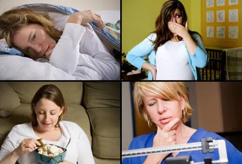 Una mujer exhausta (arriba a la izquierda), mujer con náuseas matutinas (arriba a la derecha), mujer comiendo un pepinillo con helado (abajo a la izquierda) y mujer pesándose (abajo a la derecha).